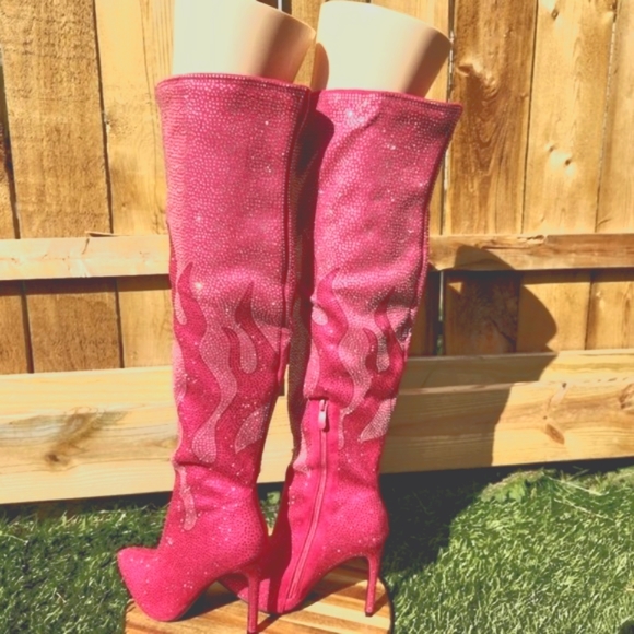 Hot Pink & Silver Rhinestone Flame Detail Sexy OTK Thigh Boots - Picture 3 of 13